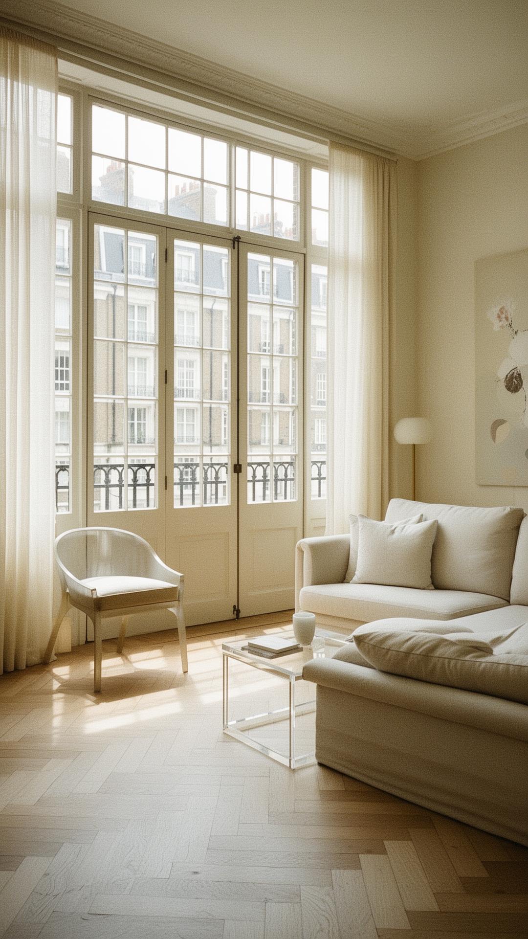 Sunlit minimalist London living room with herringbone floors